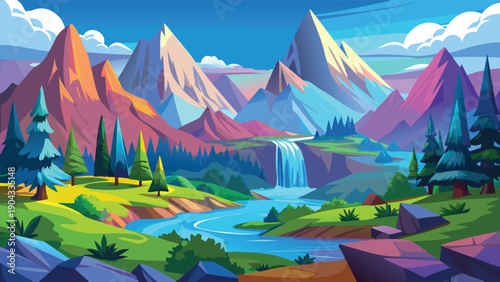 Adobe Vibrant fantasy landscape with majestic mountains and crystal-clear river VectorArtwork