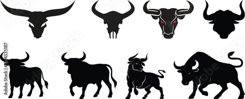 Bull head logo icon set. Bullhead silhouette long horn vector template.Bull and cow silhouette vector collection with running bull and standing cow illustration set isolated design and decoration.