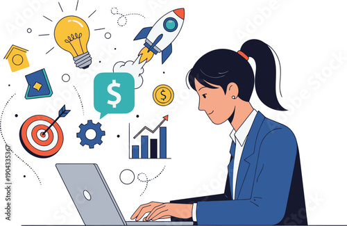 A female leader promoting diversity inclusion while working on laptop surrounded by business icons