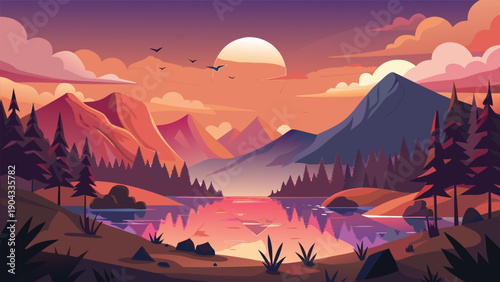 Serene sunset over misty mountain peaks and tranquil lake Vector