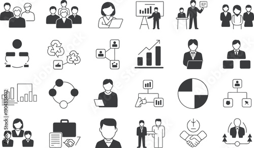 Flat business management icons set for corporate teamwork, leadership hierarchy, data analysis, professional office communication, human resources, and organizational growth strategies.