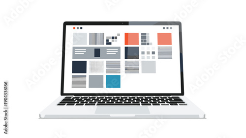 Laptop computer displays a web design interface with various UI components and layout blocks on its screen against a white background.