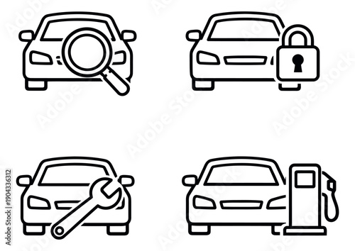 Line art automotive icons set featuring car inspection, security, repair, and refueling for vehicle maintenance services