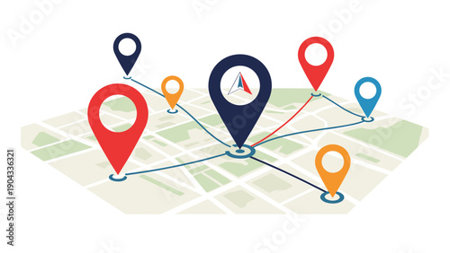Isometric map features multiple location pins in different colors connected by blue lines to show routes and a network of destinations.