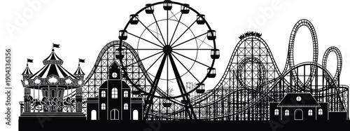 Black vector silhouette of an amusement park with a ferris wheel roller coaster and carousel for fun and carnival branding