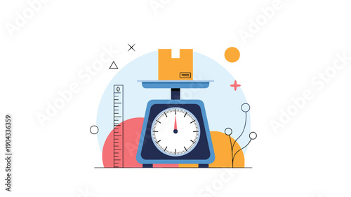 Digital platform scale is shown weighing a small cardboard box for shipping calculations alongside a ruler and decorative elements.