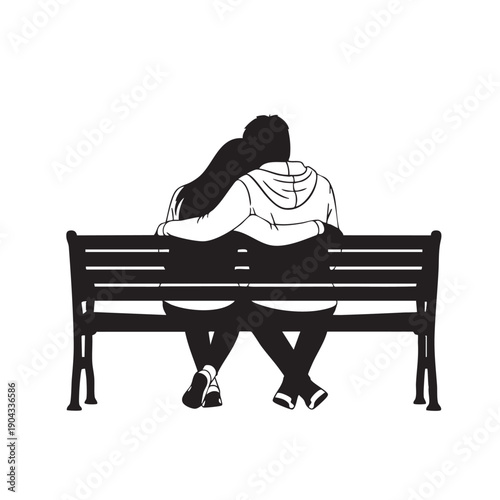 Silhouette vector illustration of couple embracing on park bench outdoors, black and white graphic design showing affection and companionship in a peaceful setting