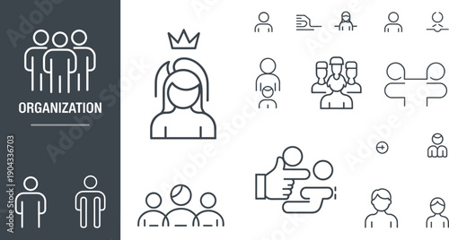 Set of linear organization icons featuring human resources, leadership crown, team hierarchy, and business management symbols on a white background.