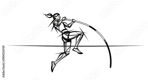 Athletic woman pole vaulting, dynamic sketch, sports illustration, black and white