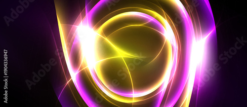 Bright abstract swirls, vibrant colors, golden center, purple outline. Dynamic energy radiates from glowing forms. Dramatic lighting creates depth.