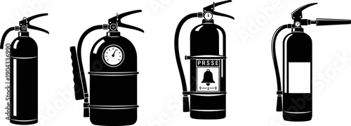 Fire extinguisher silhouettes set, safety equipment icons, emergency firefighting device collection, isolated black vector illustration design