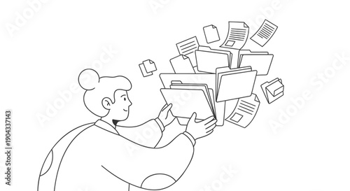 Vector illustration of a person overwhelmed by multiple floating screens and documents, for website, app, or presentation use, Isolated on transparent background, png