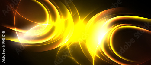 Bright yellow energy radiates from center. Swirling orange lines create dynamic abstract composition against black background. Intense glow.