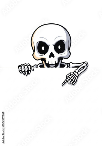 A cheerful, stylized vector skeleton mascot peeking over a large blank white sign with copy space, pointing assertively against a halloween color gradient. Concept for holiday advertising