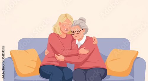 A young woman embraces an elderly woman with care and affection on a couch
