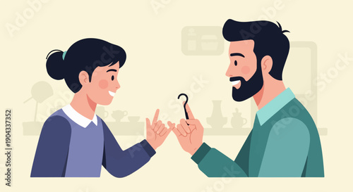 A young woman and a man with a beard pinky promise each other