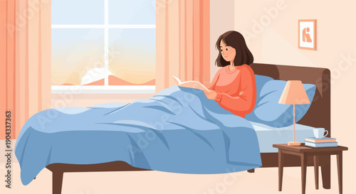 A young woman reads a book in bed with a sunrise visible through the window