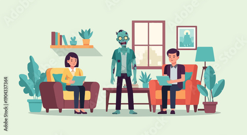 A zombie stands between two people sitting in chairs, all in a room