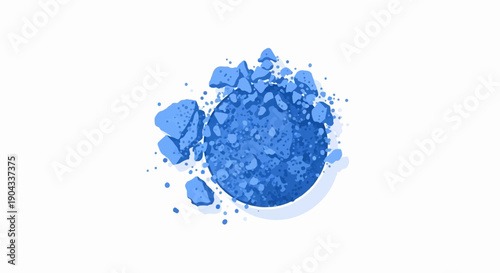 Abstract blue powder circle with scattered fragments and dots