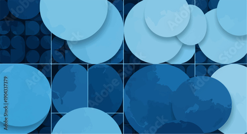 Abstract blue circles layered on a dark grid, creating a modern, dynamic feel