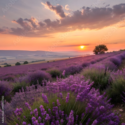 Lavender field landscape with purple flowers under a colorful sunset sky in the countryside of Provence