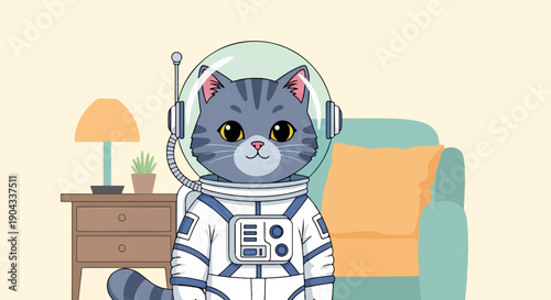 Adorable cartoon tabby cat in a spacesuit, relaxing at home