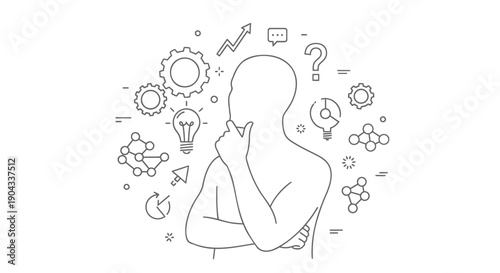 Thinking person icon with creative idea symbols, vector illustration for website or presentation