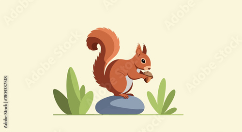 Adorable cartoon squirrel with bushy tail holding an acorn