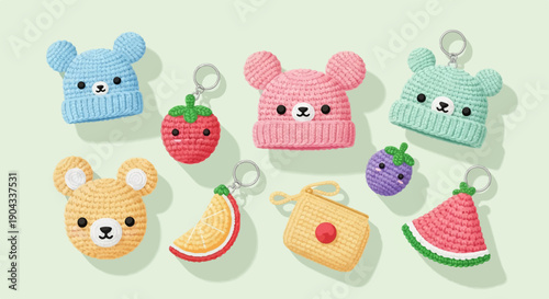 Adorable crochet keychains featuring cute bears, fruits, and a coin purse