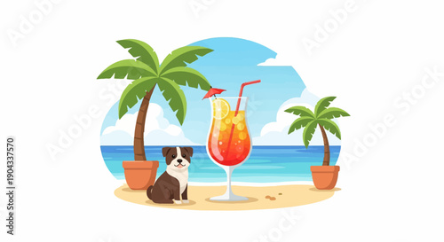 Adorable dog sits by a tropical drink on a sandy beach with palm trees