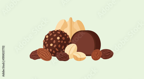 Assortment of chocolate confections and nuts on a light green background