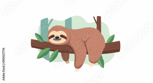 Adorable sloth rests on a tree branch with leaves and soft green background
