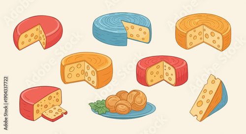 Assortment of colorful cheeses with holes, served on a plate