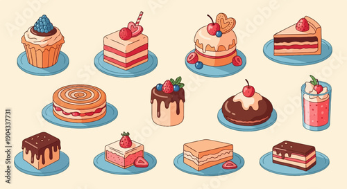 Assortment of colorful, flat-design cakes, cupcakes, and a beverage