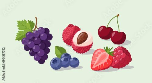 Assortment of colorful, pixelated fruits including grapes, lychees, cherries, and berries