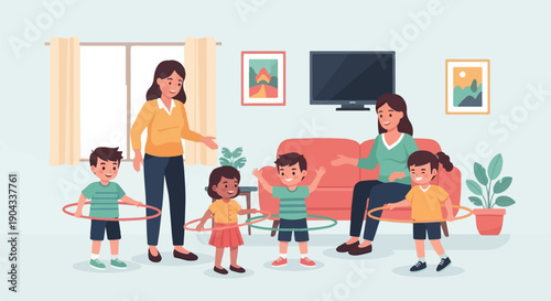 Adults supervise children playing with hula hoops indoors