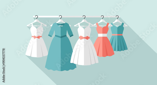Assortment of elegant dresses on a rack with shadows