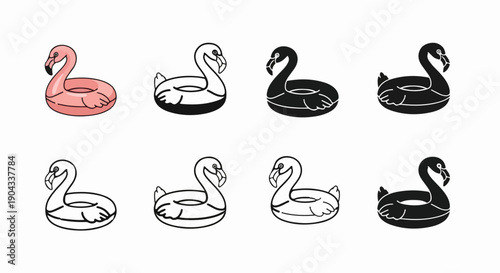 Assortment of flamingo-shaped inflatable rings in various artistic styles