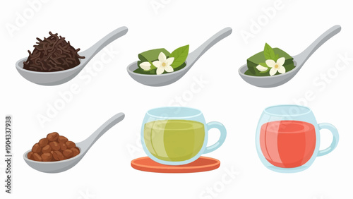 Assortment of tea ingredients and brewed beverages on spoons and cups