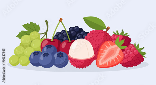 Assortment of vibrant, colorful berries and fruits arranged artfully