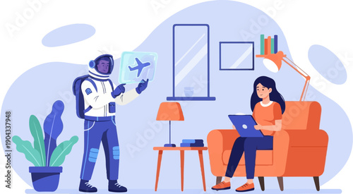 Astronaut interacts with futuristic tech, woman works remotely on laptop