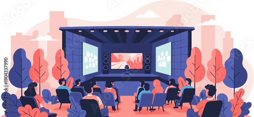 Audience watches a presentation on screens at an outdoor stage with city backdrop