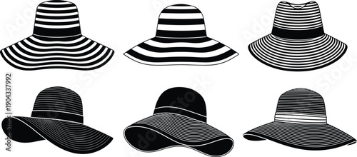 Women summer sun hat silhouettes set with striped wide brim designs isolated on white background fashion accessory vector illustration black white collection