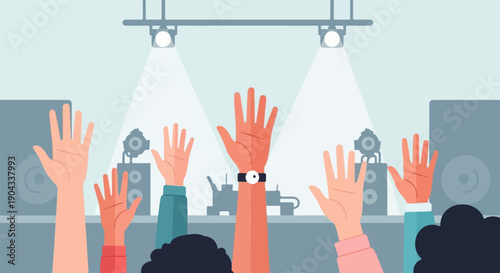 Audience with raised hands at a music concert with stage lighting