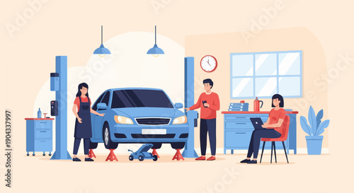 Auto repair shop with mechanics and a client