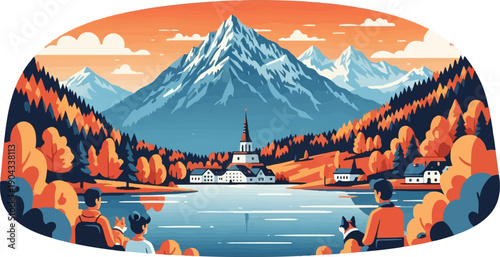 Autumn mountain lake village scene with people and dog