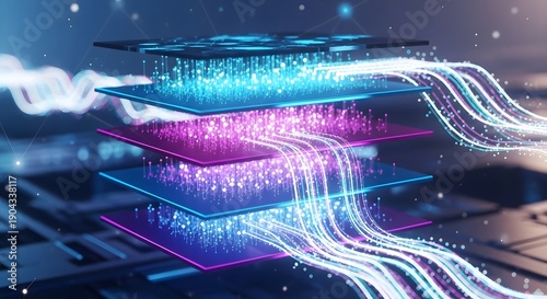 Wallpaper Mural Futuristic digital layers with flowing data streams and neon lights on a high-tech circuit board background Torontodigital.ca