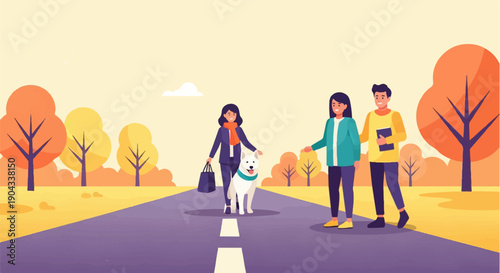 Autumn scene with people and dog crossing a road amidst colorful trees