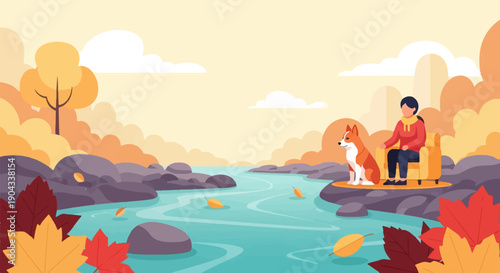Autumn scene with a person and dog by a flowing river, fallen leaves visible