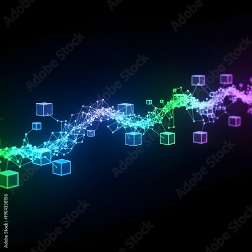 Wallpaper Mural A futuristic digital landscape with glowing cubes and neon particles flowing through a dark environment viewed from a 3D perspective like a (8).jpg Torontodigital.ca